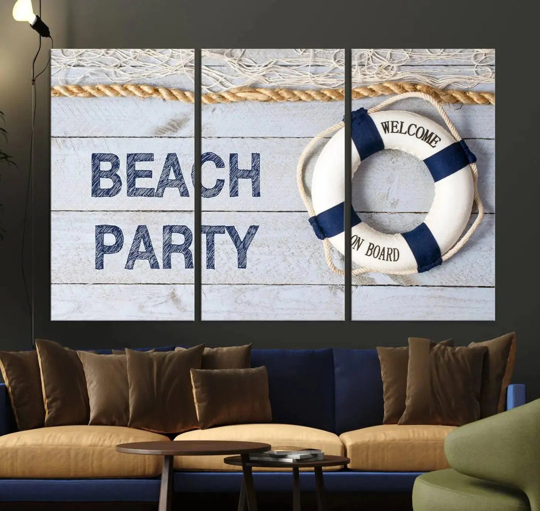 The Beach Party Sign Canvas Print Wall Art Lifebuoy Art Sailing Wall Art is a nautical-themed masterpiece ready to hang, featuring a life preserver and offering museum-quality seaside charm indoors.