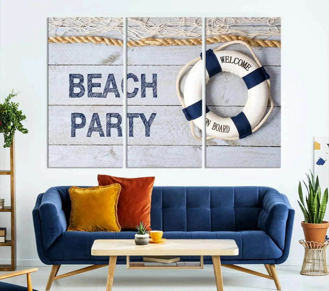 The Beach Party Sign Canvas Print Wall Art Lifebuoy Art Sailing Wall Art is a nautical-themed masterpiece ready to hang, featuring a life preserver and offering museum-quality seaside charm indoors.