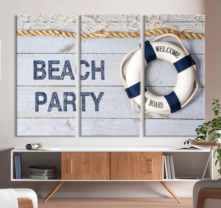 The Beach Party Sign Canvas Print Wall Art Lifebuoy Art Sailing Wall Art is a nautical-themed masterpiece ready to hang, featuring a life preserver and offering museum-quality seaside charm indoors.