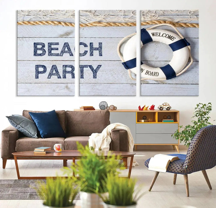 The Beach Party Sign Canvas Print Wall Art Lifebuoy Art Sailing Wall Art is a nautical-themed masterpiece ready to hang, featuring a life preserver and offering museum-quality seaside charm indoors.