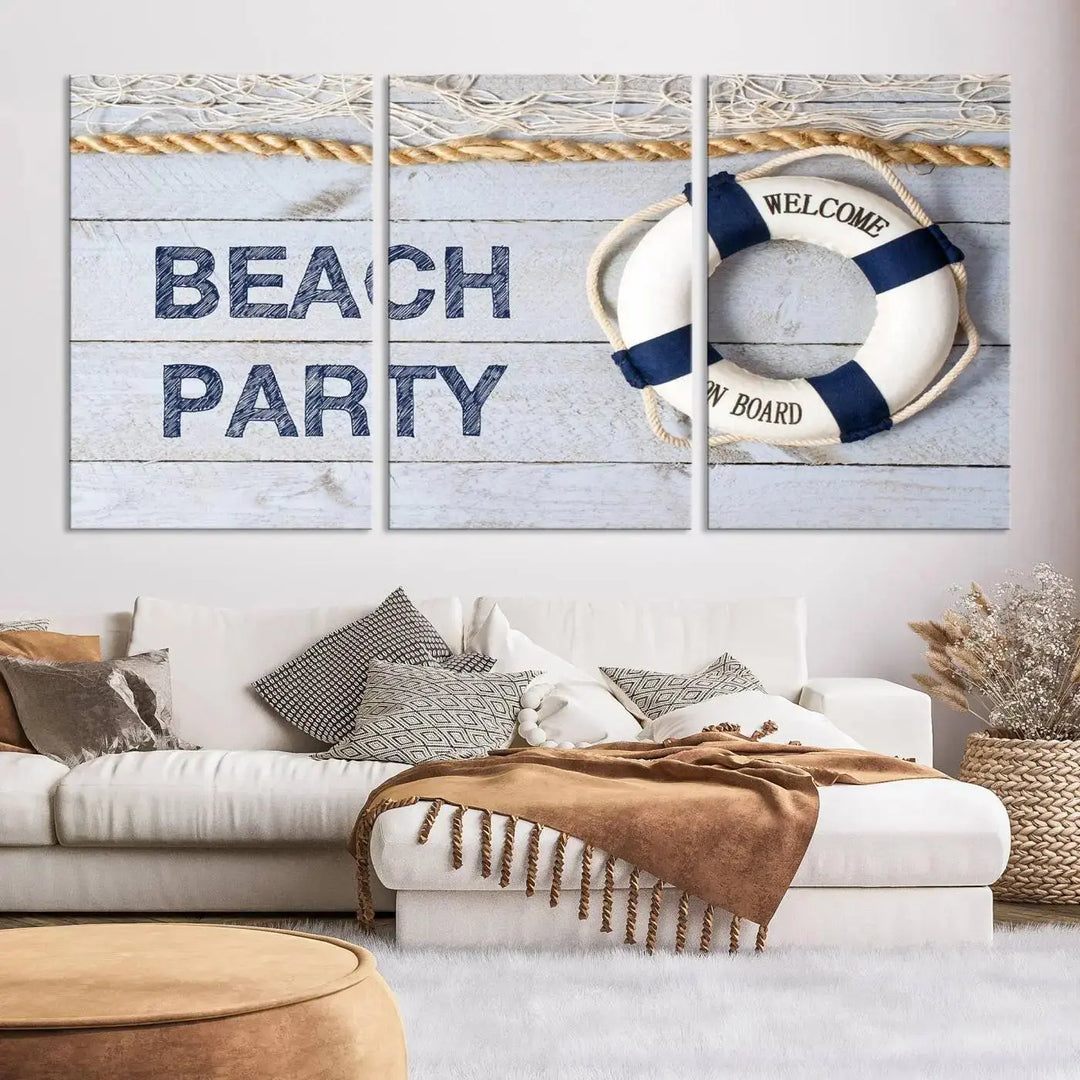 The Beach Party Sign Canvas Print Wall Art Lifebuoy Art Sailing Wall Art is a nautical-themed masterpiece ready to hang, featuring a life preserver and offering museum-quality seaside charm indoors.