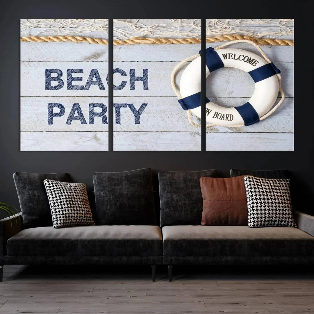 The Beach Party Sign Canvas Print Wall Art Lifebuoy Art Sailing Wall Art is a nautical-themed masterpiece ready to hang, featuring a life preserver and offering museum-quality seaside charm indoors.