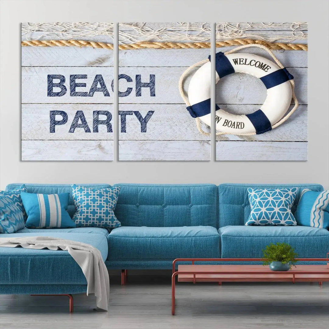 The Beach Party Sign Canvas Print Wall Art Lifebuoy Art Sailing Wall Art is a nautical-themed masterpiece ready to hang, featuring a life preserver and offering museum-quality seaside charm indoors.