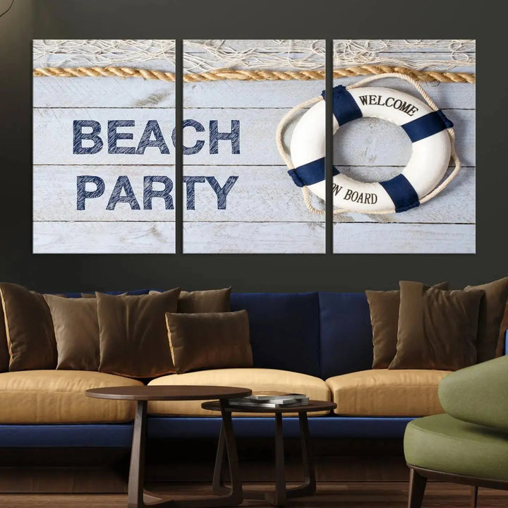 The Beach Party Sign Canvas Print Wall Art Lifebuoy Art Sailing Wall Art is a nautical-themed masterpiece ready to hang, featuring a life preserver and offering museum-quality seaside charm indoors.