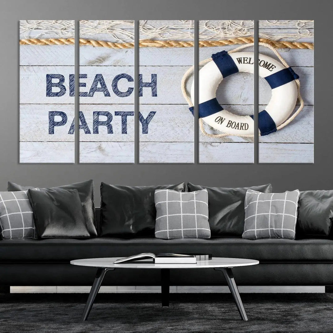 The Beach Party Sign Canvas Print Wall Art Lifebuoy Art Sailing Wall Art is a nautical-themed masterpiece ready to hang, featuring a life preserver and offering museum-quality seaside charm indoors.