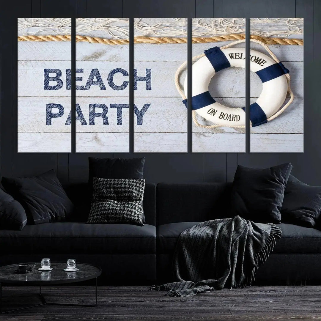 The Beach Party Sign Canvas Print Wall Art Lifebuoy Art Sailing Wall Art is a nautical-themed masterpiece ready to hang, featuring a life preserver and offering museum-quality seaside charm indoors.