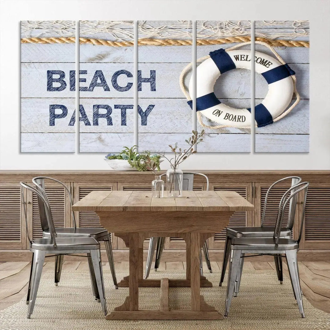 The Beach Party Sign Canvas Print Wall Art Lifebuoy Art Sailing Wall Art is a nautical-themed masterpiece ready to hang, featuring a life preserver and offering museum-quality seaside charm indoors.