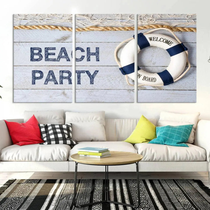 The Beach Party Sign Canvas Print Wall Art Lifebuoy Art Sailing Wall Art is a nautical-themed masterpiece ready to hang, featuring a life preserver and offering museum-quality seaside charm indoors.