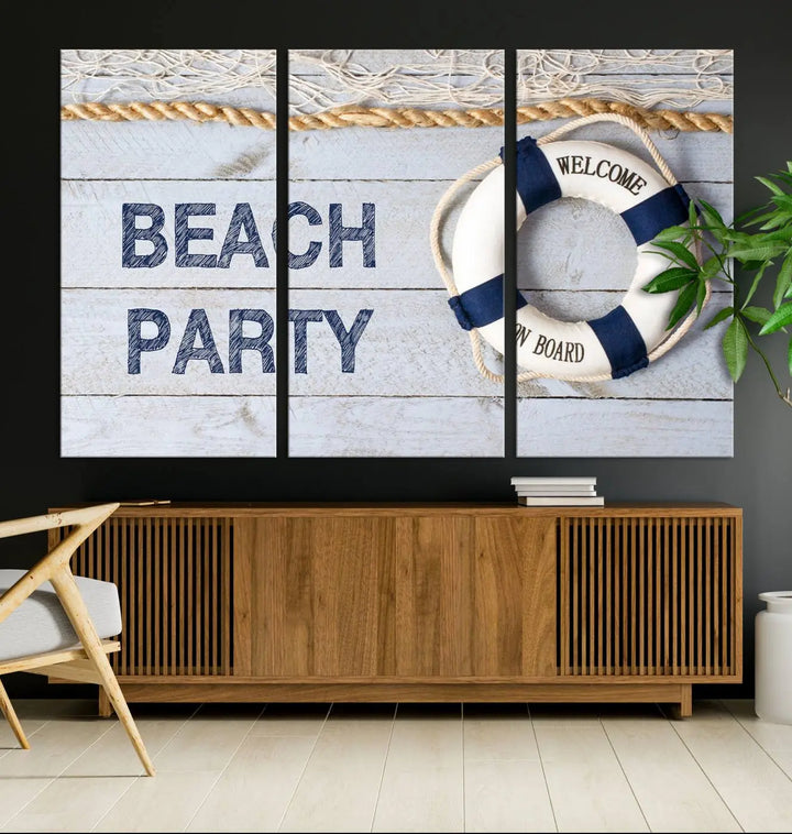 The Beach Party Sign Canvas Print Wall Art Lifebuoy Art Sailing Wall Art is a nautical-themed masterpiece ready to hang, featuring a life preserver and offering museum-quality seaside charm indoors.