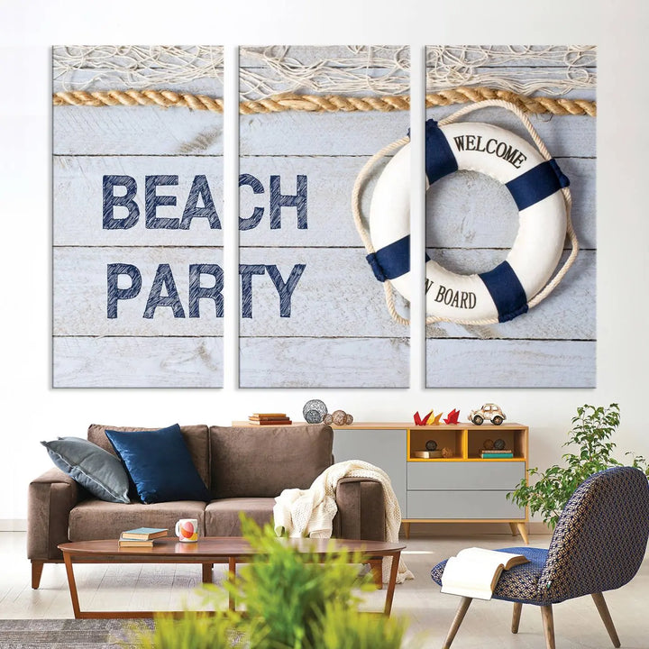 The Beach Party Sign Canvas Print Wall Art Lifebuoy Art Sailing Wall Art is a nautical-themed masterpiece ready to hang, featuring a life preserver and offering museum-quality seaside charm indoors.