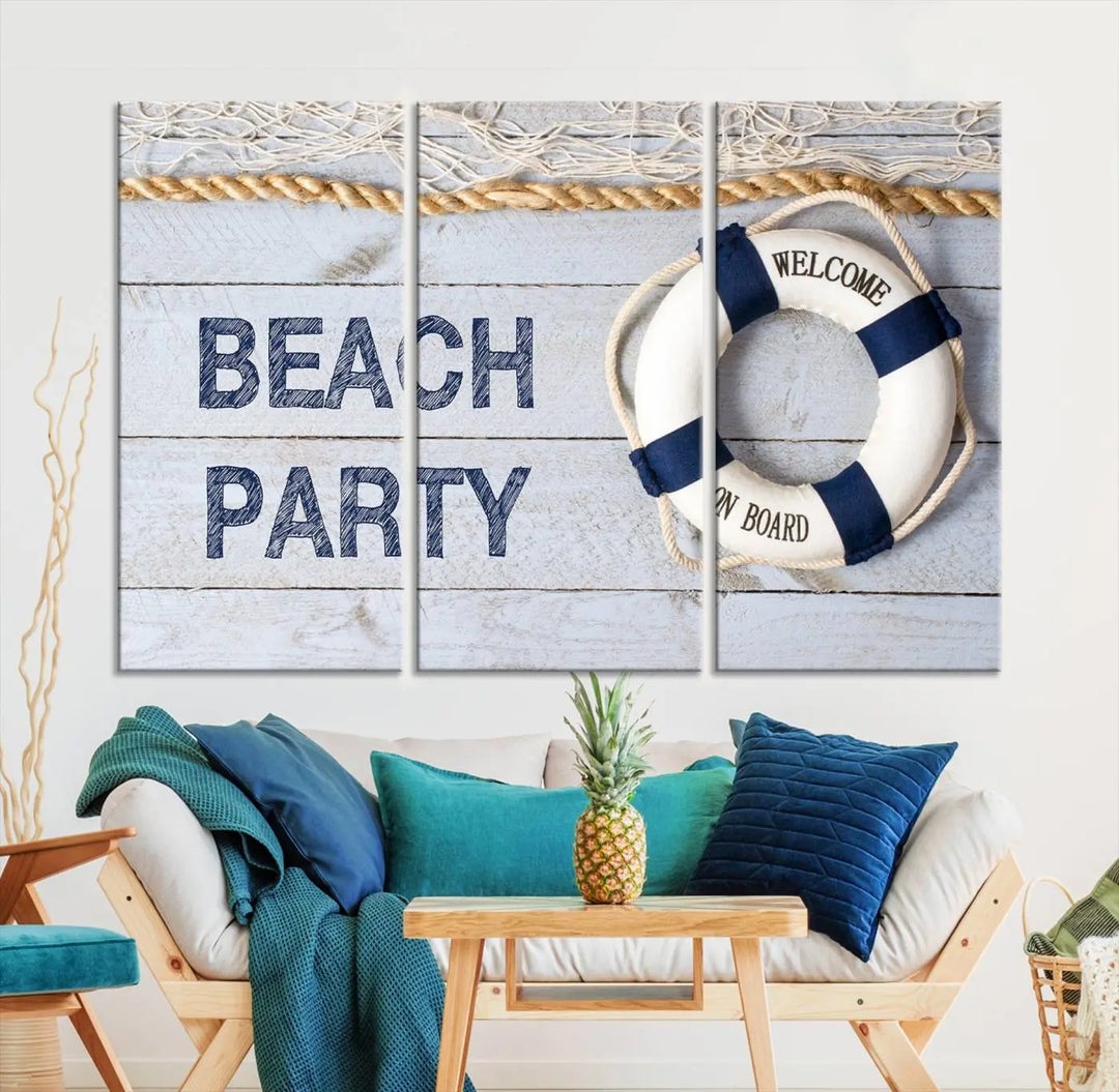 The Beach Party Sign Canvas Print Wall Art Lifebuoy Art Sailing Wall Art is a nautical-themed masterpiece ready to hang, featuring a life preserver and offering museum-quality seaside charm indoors.