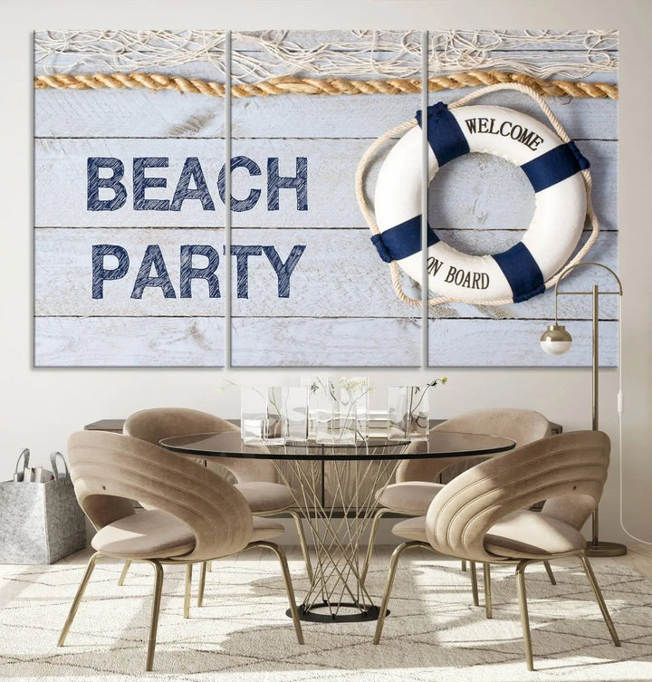 The Beach Party Sign Canvas Print Wall Art Lifebuoy Art Sailing Wall Art is a nautical-themed masterpiece ready to hang, featuring a life preserver and offering museum-quality seaside charm indoors.