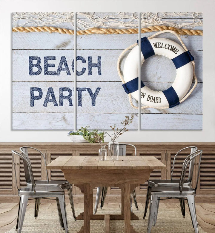 The Beach Party Sign Canvas Print Wall Art Lifebuoy Art Sailing Wall Art is a nautical-themed masterpiece ready to hang, featuring a life preserver and offering museum-quality seaside charm indoors.