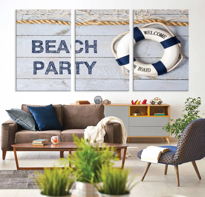 The Beach Party Sign Canvas Print Wall Art Lifebuoy Art Sailing Wall Art is a nautical-themed masterpiece ready to hang, featuring a life preserver and offering museum-quality seaside charm indoors.