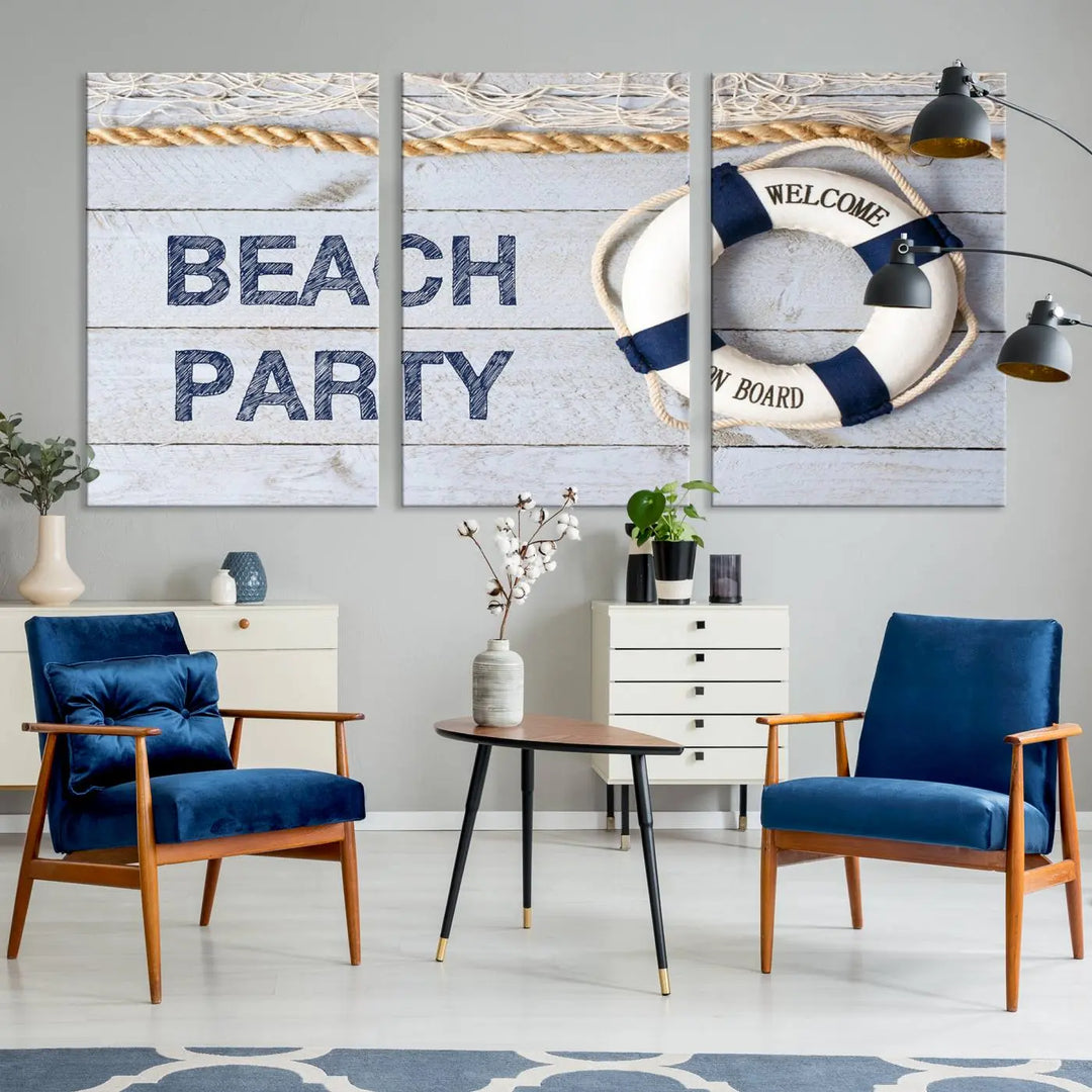 The Beach Party Sign Canvas Print Wall Art Lifebuoy Art Sailing Wall Art is a nautical-themed masterpiece ready to hang, featuring a life preserver and offering museum-quality seaside charm indoors.