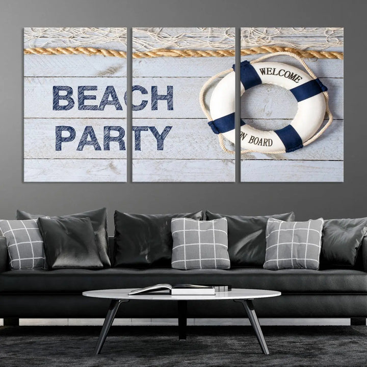 The Beach Party Sign Canvas Print Wall Art Lifebuoy Art Sailing Wall Art is a nautical-themed masterpiece ready to hang, featuring a life preserver and offering museum-quality seaside charm indoors.