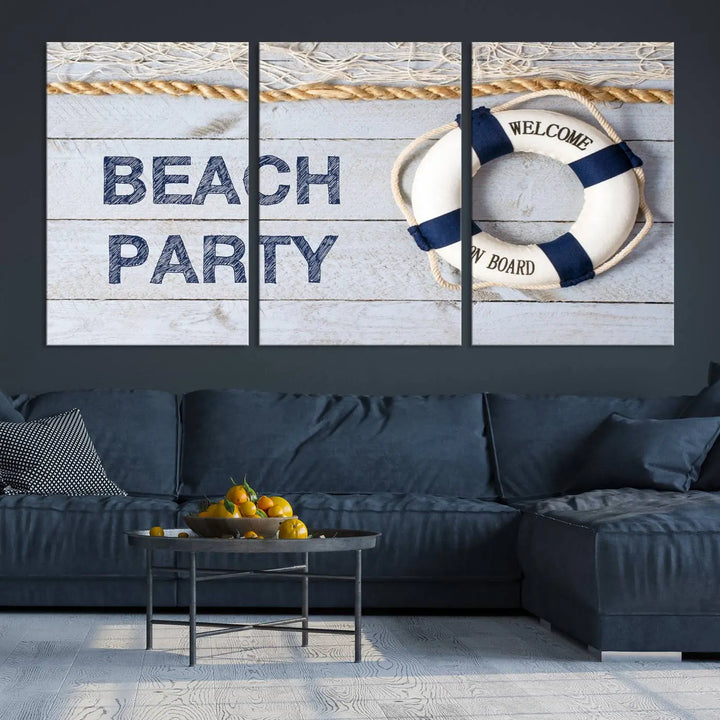 The Beach Party Sign Canvas Print Wall Art Lifebuoy Art Sailing Wall Art is a nautical-themed masterpiece ready to hang, featuring a life preserver and offering museum-quality seaside charm indoors.