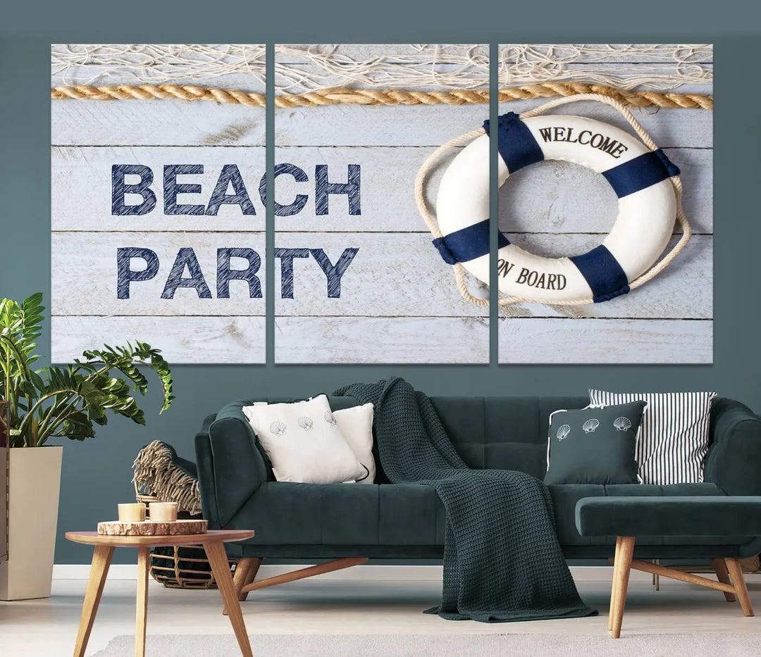 The Beach Party Sign Canvas Print Wall Art Lifebuoy Art Sailing Wall Art is a nautical-themed masterpiece ready to hang, featuring a life preserver and offering museum-quality seaside charm indoors.