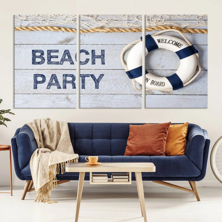 The Beach Party Sign Canvas Print Wall Art Lifebuoy Art Sailing Wall Art is a nautical-themed masterpiece ready to hang, featuring a life preserver and offering museum-quality seaside charm indoors.