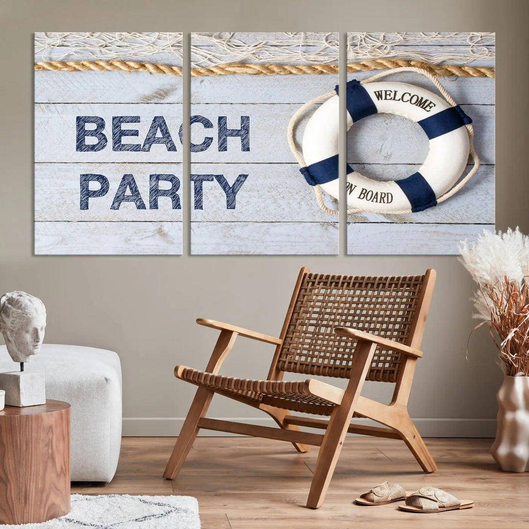 The Beach Party Sign Canvas Print Wall Art Lifebuoy Art Sailing Wall Art is a nautical-themed masterpiece ready to hang, featuring a life preserver and offering museum-quality seaside charm indoors.