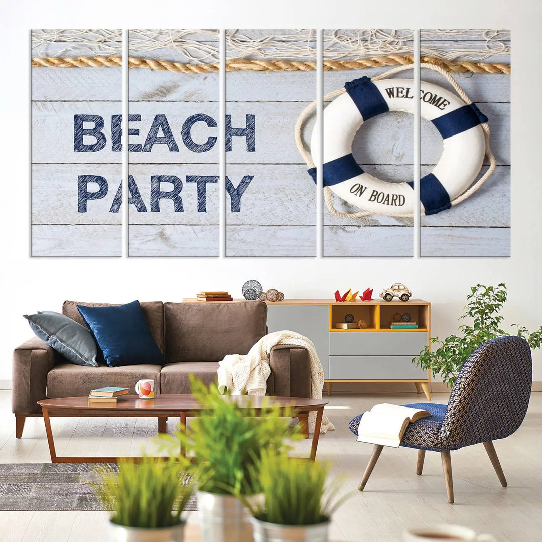 The Beach Party Sign Canvas Print Wall Art Lifebuoy Art Sailing Wall Art is a nautical-themed masterpiece ready to hang, featuring a life preserver and offering museum-quality seaside charm indoors.