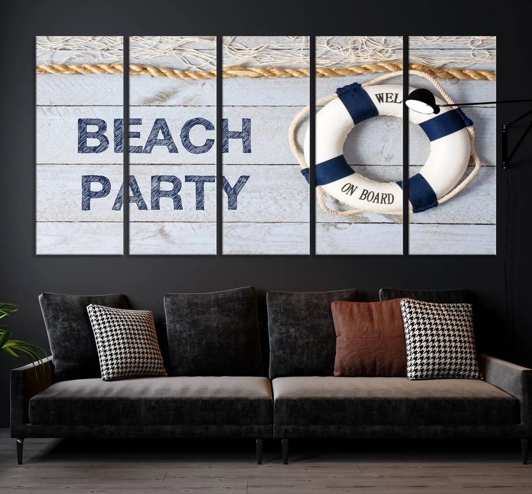 The Beach Party Sign Canvas Print Wall Art Lifebuoy Art Sailing Wall Art is a nautical-themed masterpiece ready to hang, featuring a life preserver and offering museum-quality seaside charm indoors.