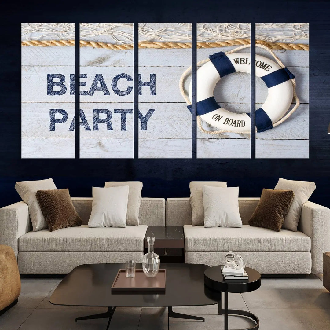 The Beach Party Sign Canvas Print Wall Art Lifebuoy Art Sailing Wall Art is a nautical-themed masterpiece ready to hang, featuring a life preserver and offering museum-quality seaside charm indoors.