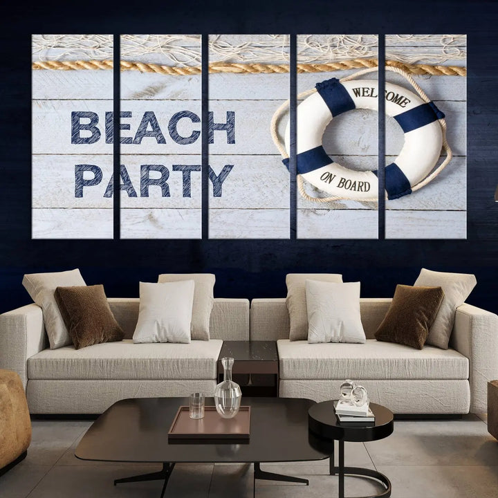 The Beach Party Sign Canvas Print Wall Art Lifebuoy Art Sailing Wall Art is a nautical-themed masterpiece ready to hang, featuring a life preserver and offering museum-quality seaside charm indoors.