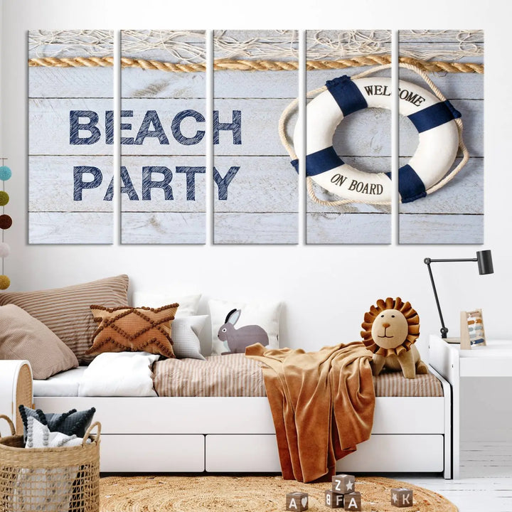 The Beach Party Sign Canvas Print Wall Art Lifebuoy Art Sailing Wall Art is a nautical-themed masterpiece ready to hang, featuring a life preserver and offering museum-quality seaside charm indoors.