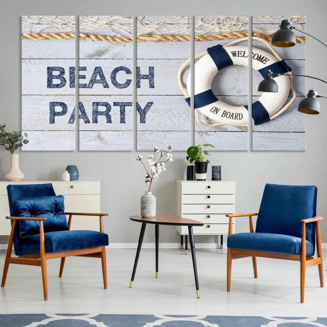 The Beach Party Sign Canvas Print Wall Art Lifebuoy Art Sailing Wall Art is a nautical-themed masterpiece ready to hang, featuring a life preserver and offering museum-quality seaside charm indoors.