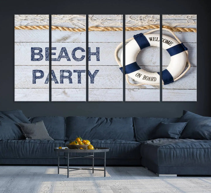 The Beach Party Sign Canvas Print Wall Art Lifebuoy Art Sailing Wall Art is a nautical-themed masterpiece ready to hang, featuring a life preserver and offering museum-quality seaside charm indoors.