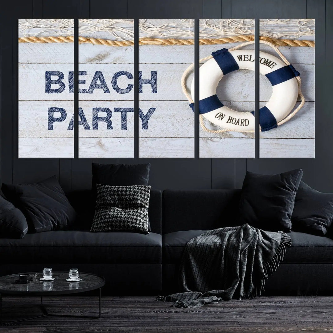 The Beach Party Sign Canvas Print Wall Art Lifebuoy Art Sailing Wall Art is a nautical-themed masterpiece ready to hang, featuring a life preserver and offering museum-quality seaside charm indoors.