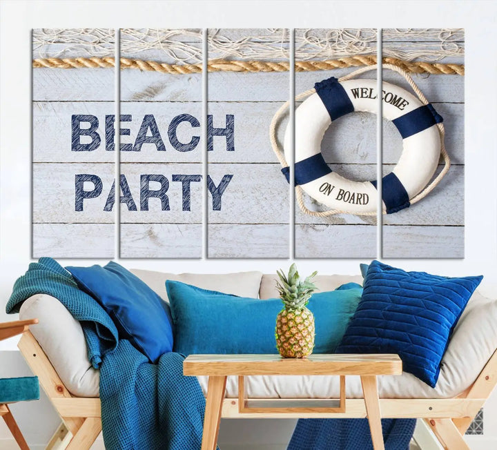 The Beach Party Sign Canvas Print Wall Art Lifebuoy Art Sailing Wall Art is a nautical-themed masterpiece ready to hang, featuring a life preserver and offering museum-quality seaside charm indoors.