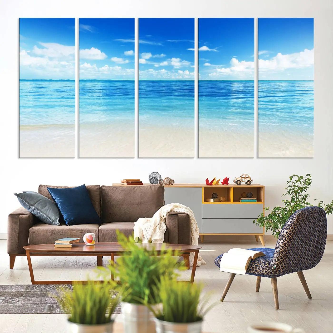 36641-MGV-CV-60X31-5P-Beach Scene Canvas Wall Art Print – Tranquil Ocean Horizon and White Sand Beach Wall Decor for Home or Office