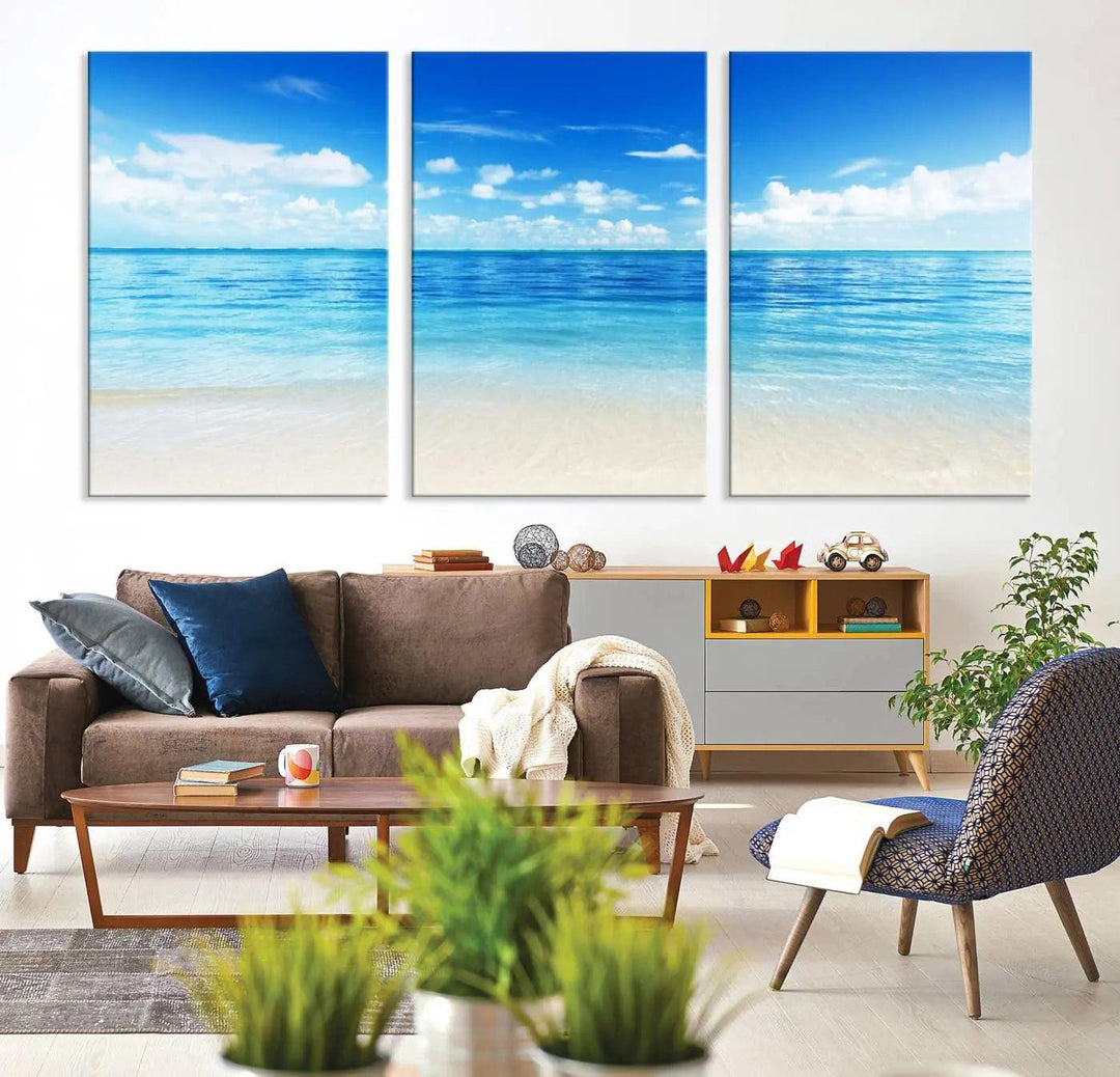 Beach Scene Canvas Wall Art Print – Tranquil Ocean Horizon and White Sand Beach Wall Decor for Home or Office
