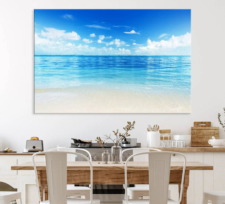 Beach Scene Canvas Wall Art Print – Tranquil Ocean Horizon and White Sand Beach Wall Decor for Home or Office