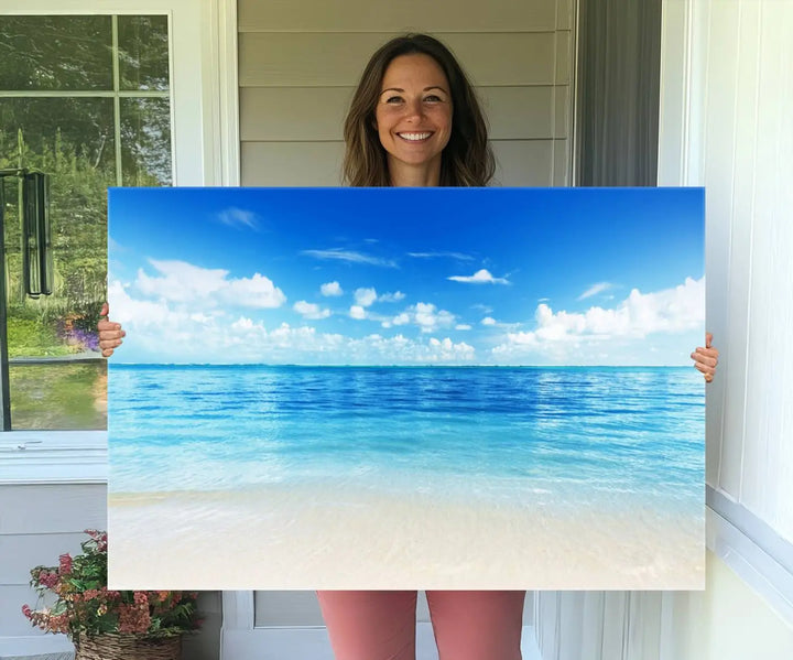 Beach Scene Canvas Wall Art Print – Tranquil Ocean Horizon and White Sand Beach Wall Decor for Home or Office