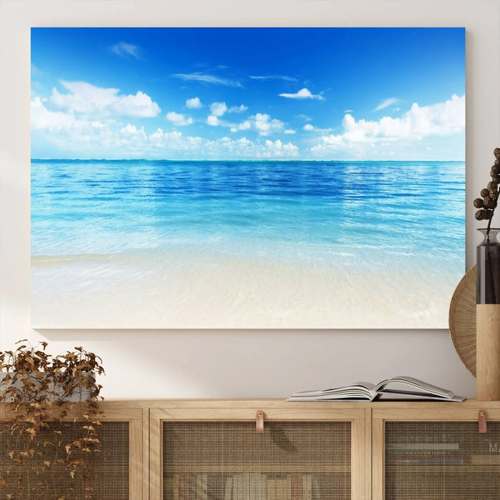 Beach Scene Canvas Wall Art Print – Tranquil Ocean Horizon and White Sand Beach Wall Decor for Home or Office