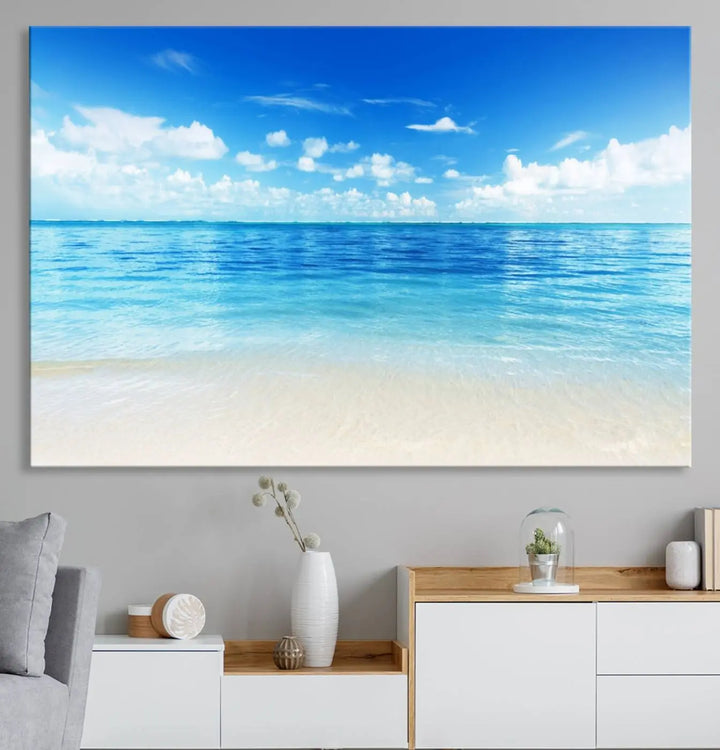 Beach Scene Canvas Wall Art Print – Tranquil Ocean Horizon and White Sand Beach Wall Decor for Home or Office