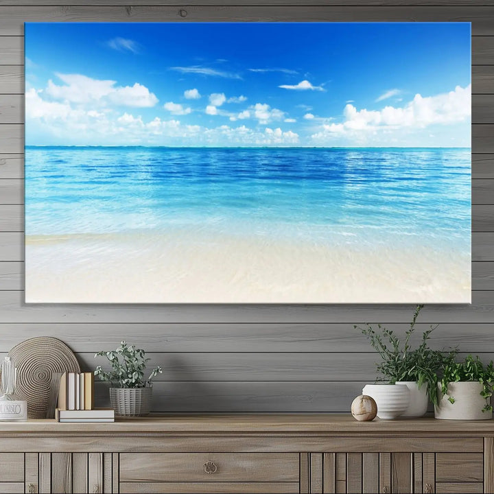 Beach Scene Canvas Wall Art Print – Tranquil Ocean Horizon and White Sand Beach Wall Decor for Home or Office