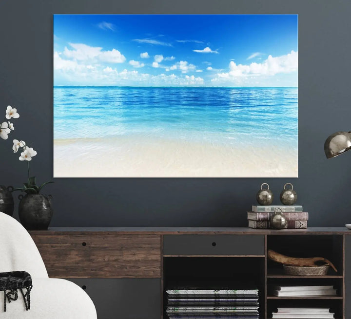 Beach Scene Canvas Wall Art Print – Tranquil Ocean Horizon and White Sand Beach Wall Decor for Home or Office
