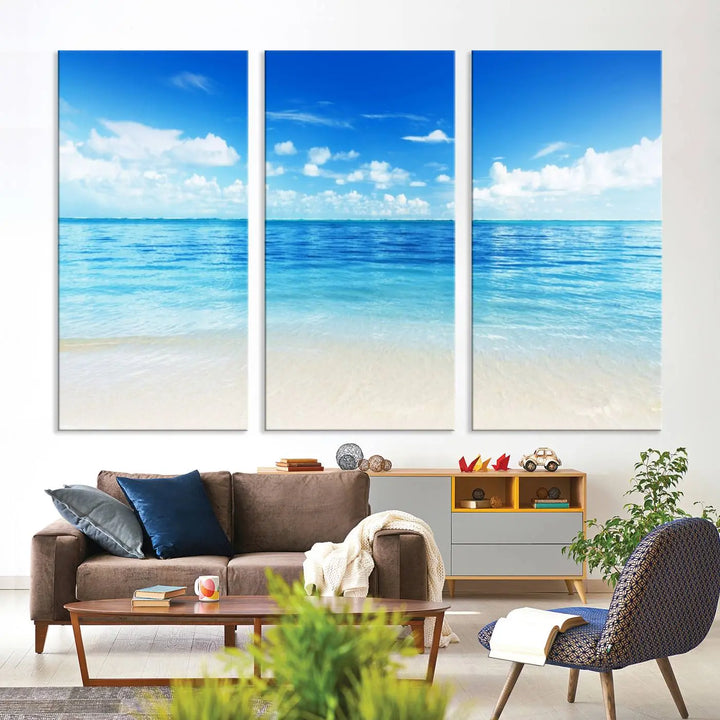 Beach Scene Canvas Wall Art Print – Tranquil Ocean Horizon and White Sand Beach Wall Decor for Home or Office