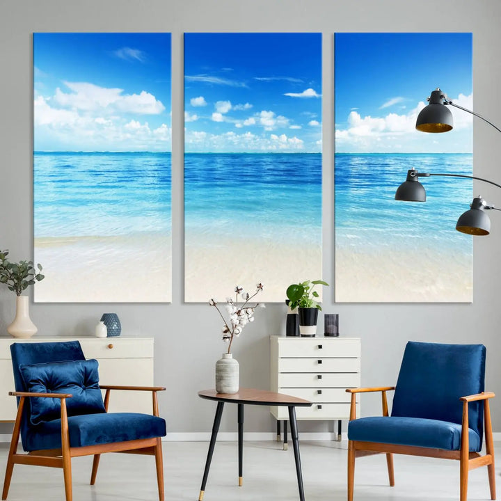 Beach Scene Canvas Wall Art Print – Tranquil Ocean Horizon and White Sand Beach Wall Decor for Home or Office