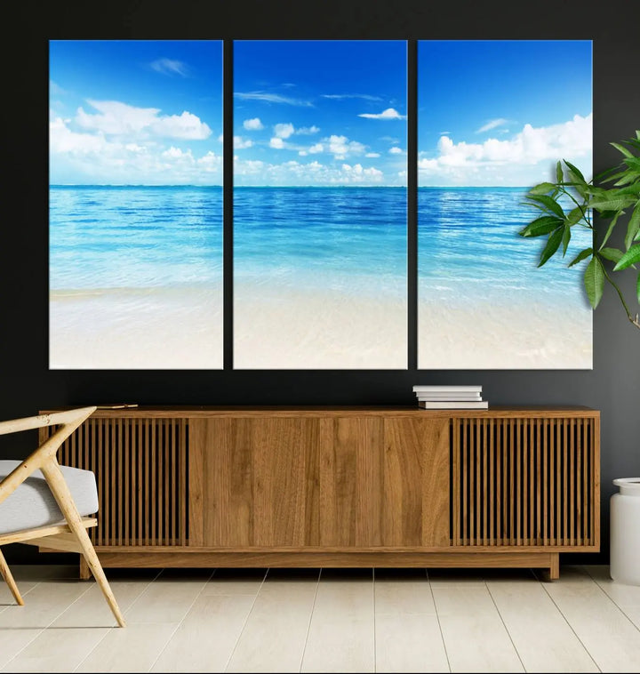 Beach Scene Canvas Wall Art Print – Tranquil Ocean Horizon and White Sand Beach Wall Decor for Home or Office