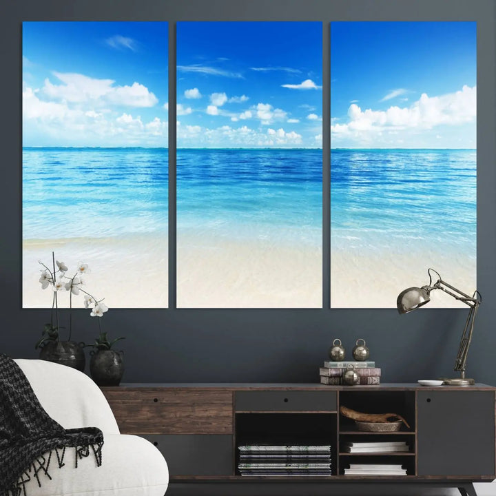 Beach Scene Canvas Wall Art Print – Tranquil Ocean Horizon and White Sand Beach Wall Decor for Home or Office