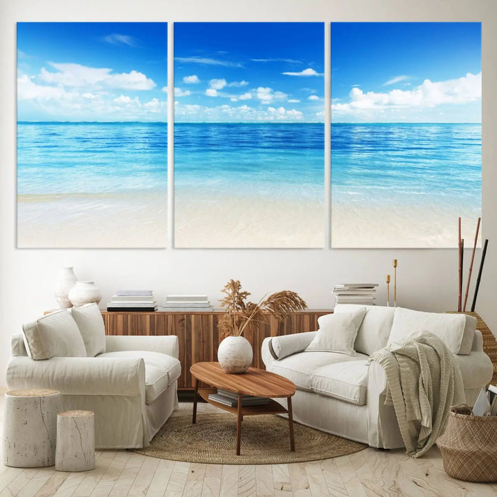 Beach Scene Canvas Wall Art Print – Tranquil Ocean Horizon and White Sand Beach Wall Decor for Home or Office