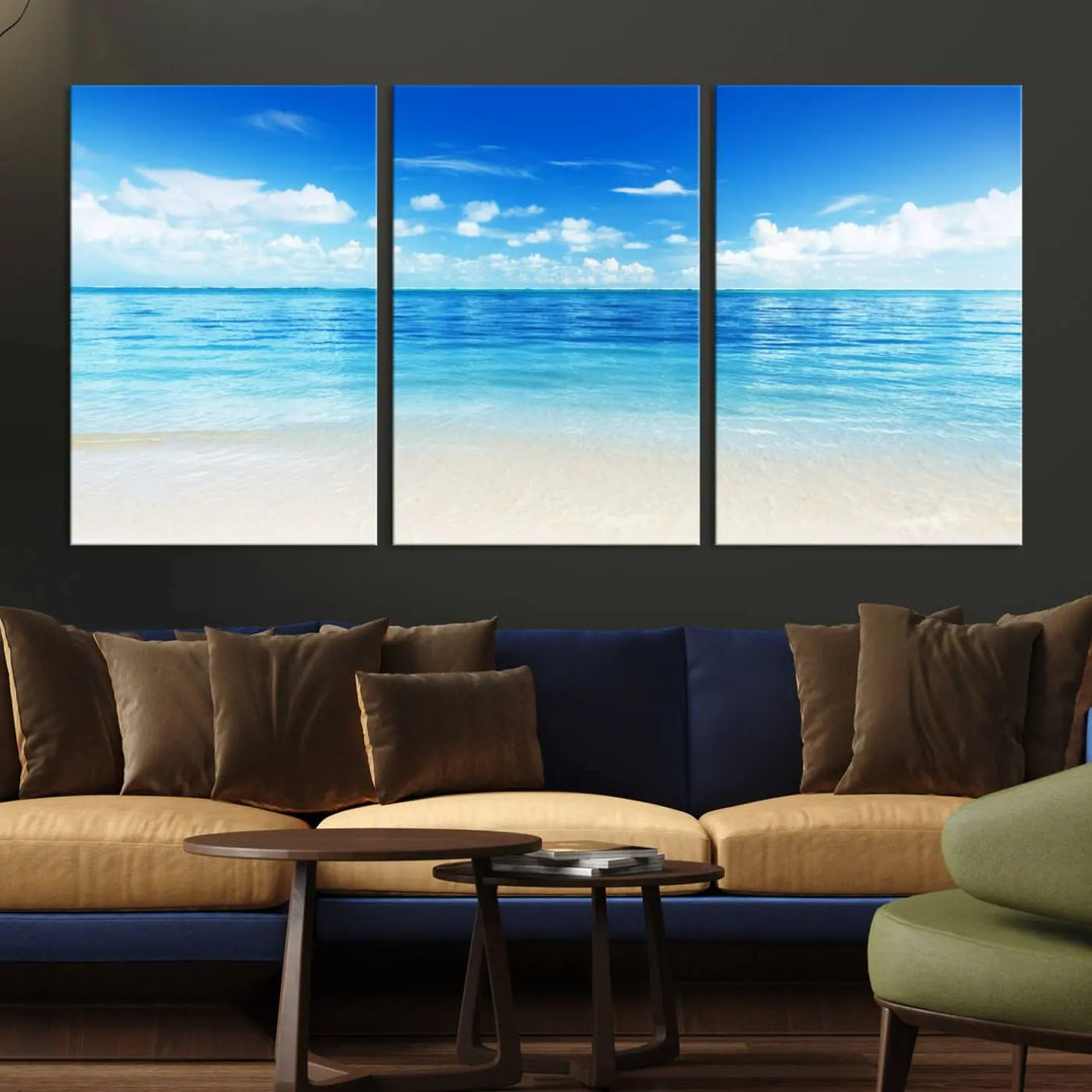 Beach Scene Canvas Wall Art Print – Tranquil Ocean Horizon and White Sand Beach Wall Decor for Home or Office