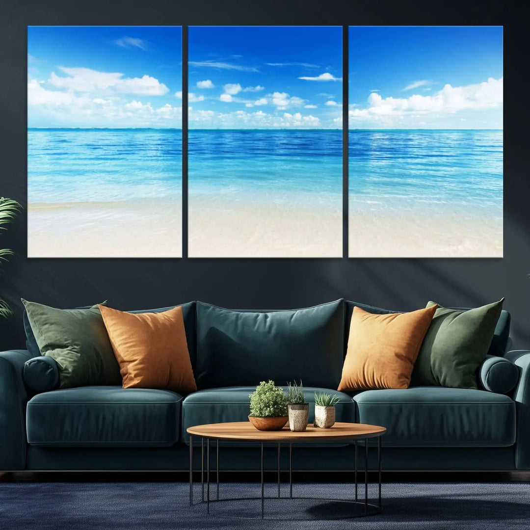Beach Scene Canvas Wall Art Print – Tranquil Ocean Horizon and White Sand Beach Wall Decor for Home or Office