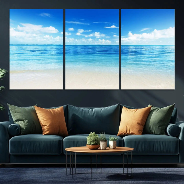 Beach Scene Canvas Wall Art Print – Tranquil Ocean Horizon and White Sand Beach Wall Decor for Home or Office