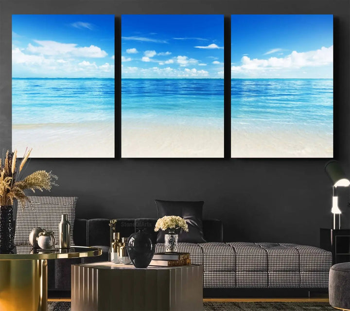 Beach Scene Canvas Wall Art Print – Tranquil Ocean Horizon and White Sand Beach Wall Decor for Home or Office
